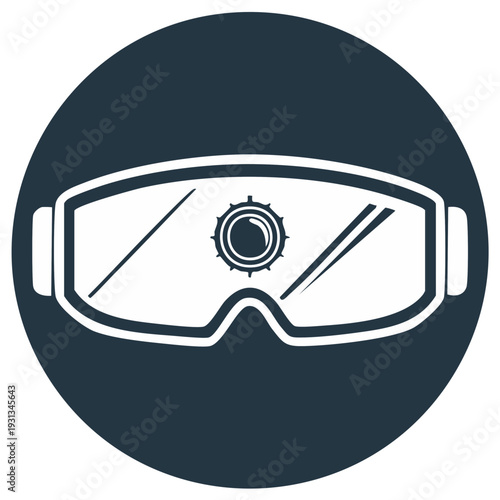 Futuristic VR Goggles Reflecting Digital Data and Sun Icon in Dark Circle