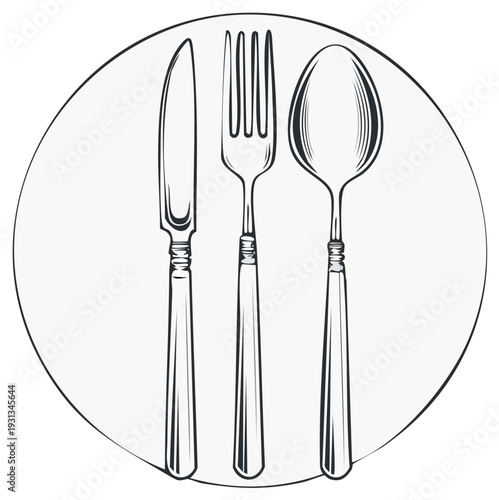 Classic Cutlery Set Knife Fork Spoon on Round Plate Simple Line Drawing