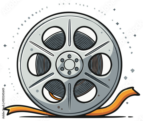 Vintage film reel with orange ribbon and sparkling dots illustration
