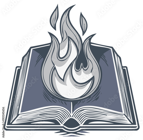 Open book with burning flames representing knowledge or magic in a stylized vector illustration