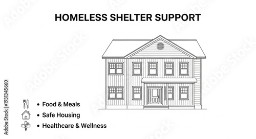 Homeless Shelter Support Services and Building Illustration.