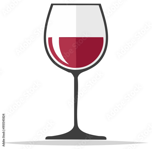 Stylized graphic illustration of a wine glass filled with red wine, flat design.