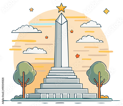Monument obelisk with star on top surrounded by trees and clouds illustration