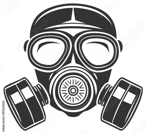 Monochrome Vector Illustration of a Detailed Gas Mask for Toxic Protection with Filters
