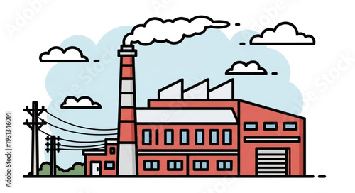 Industrial Factory Building with Smoke Emitting from Chimney.