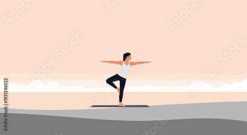 Minimalist Yoga Balance Pose Illustration. Woman practicing Vrikshasana variation outdoors, representing wellness, mindfulness, and healthy lifestyle.