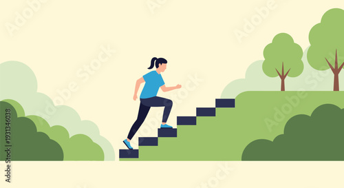 Woman running up stairs outdoors, symbolizing success, goal setting, business progress, fitness achievement, and self-improvement concept.