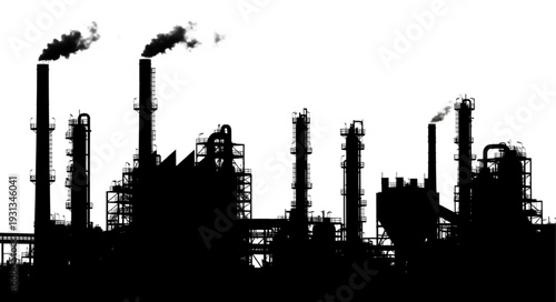 Industrial factory silhouette with smoke stacks emitting pollution.