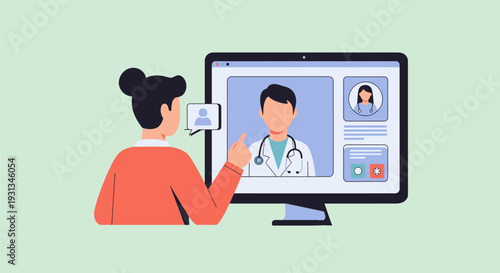 Telemedicine Concept: Patient Consulting Doctor via Video Call on Computer Screen. Digital Healthcare Illustration.