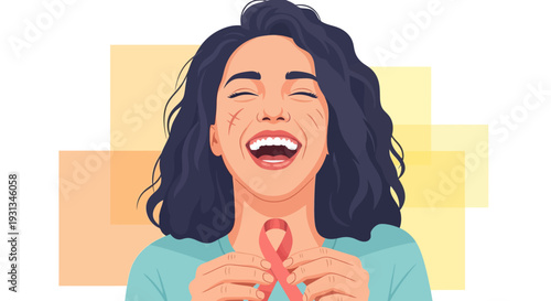 Joyful Cancer Survivor Holding Pink Ribbon. Happy Woman Celebrating Recovery and Hope. Breast Cancer Awareness Vector Illustration.