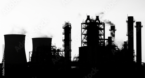 Industrial Factory Silhouette Emitting Smoke Against Bright Sky.