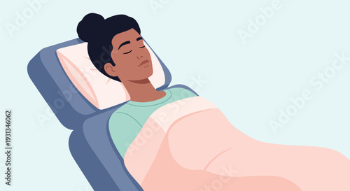 Diverse patient resting peacefully in hospital bed, recovering comfortably. Sleep, wellness, medical care, and recovery illustration.