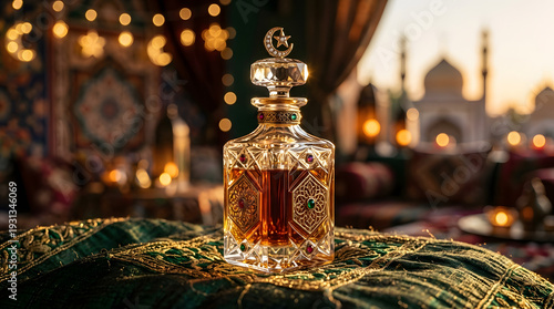 Luxury Arabian Perfume Oil Bottle with Crescent Moon for Ramadan and Eid Celebrations, Elegant Middle Eastern Fragrance and Islamic Gift Concept