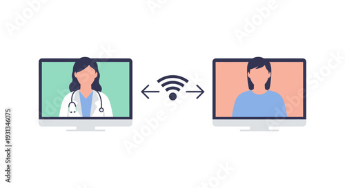 Telemedicine Video Consultation. Doctor and Patient Online Virtual Healthcare via Computer Screens. Remote Medical Service and E-Health Technology.