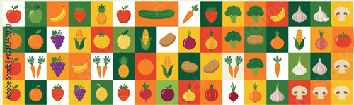 Vibrant Fruit and Vegetable Checkerboard Pattern with Flat Design Icons of Apple Broccoli Carrot and Grapes Colorful Produce Grid for Grocery Store Banners Healthy Eating Kitchen Decor and Culinary We