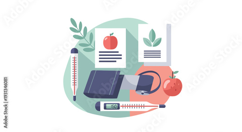 Preventative Healthcare and Wellness Checkup Illustration. Vital Signs Monitoring (BP Cuff, Thermometer) and Nutrition Data Flat Vector.