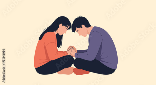 Emotional Connection: Young Couple Holding Hands, Sitting, Praying, or Meditating Together in Flat Illustration Style