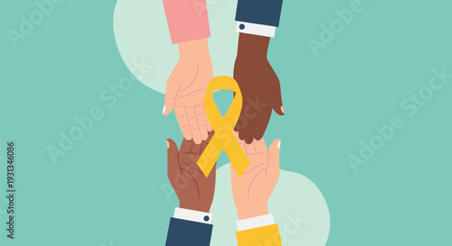 Diverse Hands Holding Yellow Awareness Ribbon. Community Support, Unity, and Solidarity for Health and Charitable Causes.