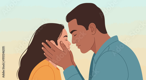 Vector Illustration of Tender Young Couple: Intimate Romance and Affectionate Closeness