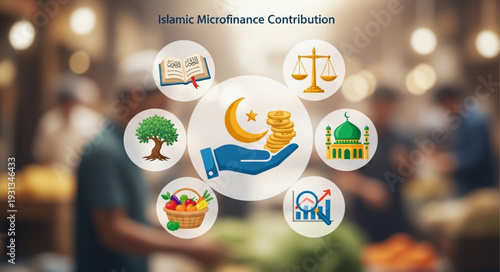 Islamic Finance Concept with Icons Representing Charity Growth and Faith.