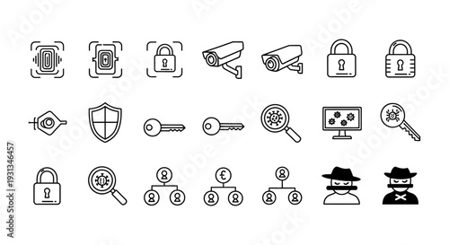 cybersecurity and data protection icons illustrating digital safety surveillance and cybercrime threats for modern online systems.