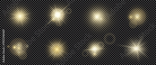 Realistic shine and glow effects pack isolated on dark transparent background. Sparkles and explosion effects. Stars and light beams. Sun light effects isolated. Vector illustration