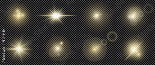 Realistic shine and glow effects pack isolated on dark transparent background. Sparkles and explosion effects. Stars and light beams. Sun light effects isolated. Vector illustration