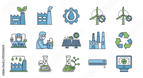 Set of icons representing industry and environmental protection concepts.
