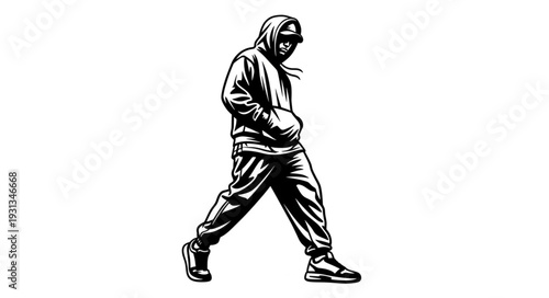 Man in hoodie and sweatpants walking with hands in pockets.