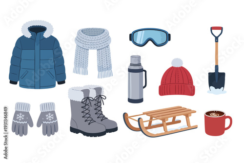 Minimal Winter Essentials Set with Separate Flat Vector Icons. Such us: winter coat, knitted scarf, wool gloves, snow boots, beanie hat, ski goggles, thermos bottle, sled, snow shovel, hot cocoa mug