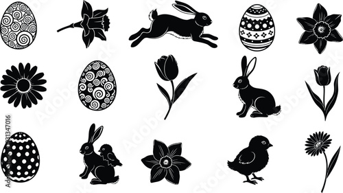 Easter sunday icons eggs bunnies flowers and chicks celebrating spring