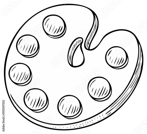 Artistic sketch of an oval wooden paint palette with eight circular wells for colors and a thumbhole.