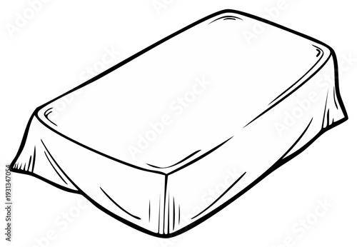 Rectangular table covered with a draped tablecloth in a simple line art drawing style