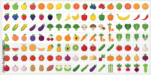 Mega Set of Flat Design Fruit and Vegetable Icons featuring Apple Banana Broccoli Tomato Carrot and Exotic Fruits for Grocery App Interface Healthy Eating Infographics and Culinary Education Vector Co