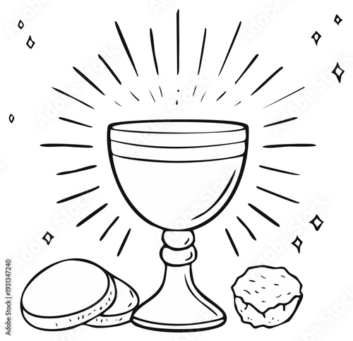 Drawn Holy Communion Chalice and Bread Illustration with Rays and Stars