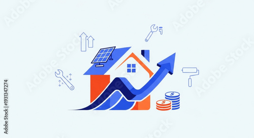 Eco friendly house with solar panel and growing graph symbolizing sustainable living and renewable energy