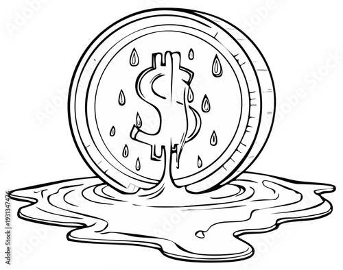 Melting dollar coin symbolizing financial crisis or inflation in a stylized drawing
