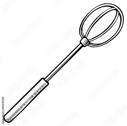Outline illustration of a vintage wire whisk, kitchen utensil.