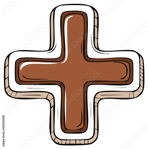 Hand drawn chocolate cookie shaped like a plus sign with white icing details