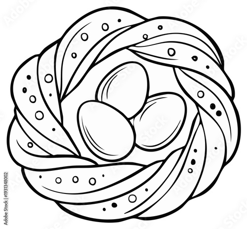 Simple Outline Drawing of a Bird Nest with Three Eggs