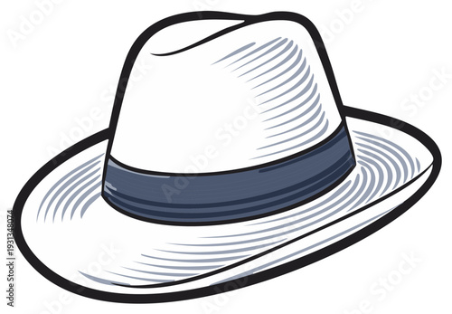 Classic fedora hat with blue ribbon band and hatched texture detail