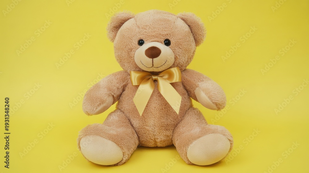 Obraz premium Adorable stuffed teddy bear with golden bow tie on a vibrant yellow background