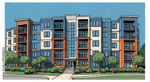 Modern Apartment Building Facade with Colorful Exterior and Balconies.