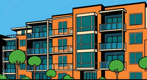 Modern Apartment Building With Balconies And Windows.