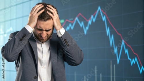 A stressed businessman holds his head in frustration as a sharp financial graph decline appears behind him.