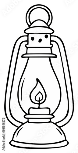 Vintage kerosene lantern with a glowing flame, simple outline drawing for illumination and antique design