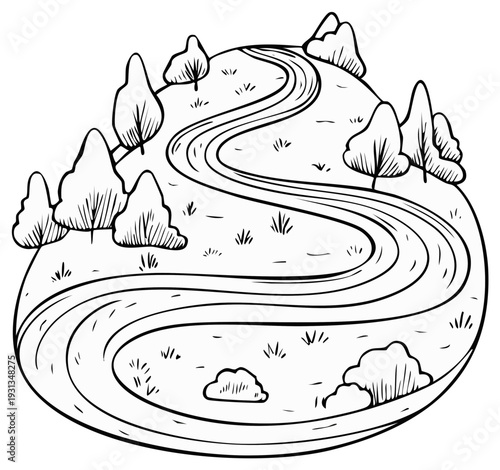 Winding Road Landscape Sketch: Serene Countryside View with Trees, Grass, and a Curving Path. Tranquil Nature Escape Illustration