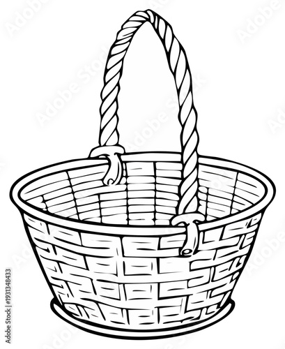 Black and white illustration of an empty wicker basket with a rope handle