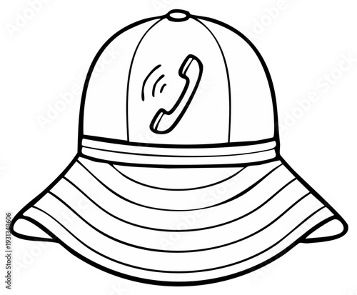 Sketchy contour of a broad brimmed sunhat with telephone handset design displayed on front cap; summer accessory doodle.