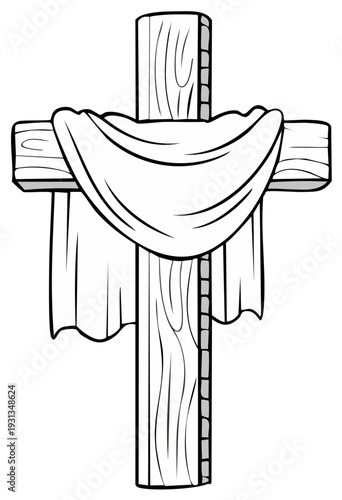 Religious symbol of wooden cross with draped fabric